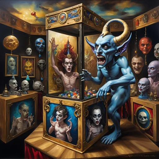 Prompt: (7 Wonders Art Glass Studio), (oil painting), demons as jack-in-the-boxes, circus setting, (highly detailed), (ultra-fine details), esoteric ambiance, dark and mysterious atmosphere, surreal colors, intricate textures, curiosity sparks, vivid contrasting shadows, ethereal lighting, artistically whimsical exhibits, hauntingly beautiful, capturing the essence of Nuit.