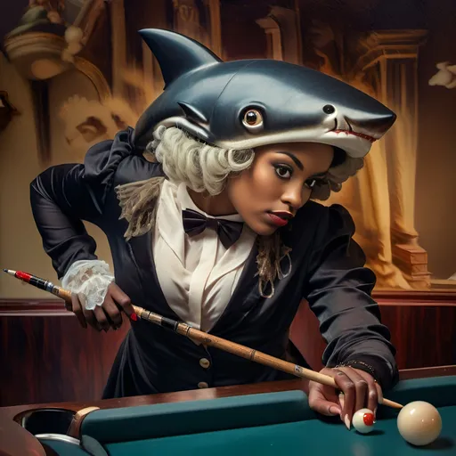 Prompt: (shark in a suit, playing pool), fine art, (pop surrealism) influences, classical painting style, whimsical atmosphere, (detailed textures), vibrant color tones, deep blues and greens, mixed with rich burgundies, engaging composition, pool cues and balls (surreal twist), intricately painted background with elements of artistry, 4K quality, (evocative mood), inspired by 7 Wonders Art Glass Studio, honoring Nuit.