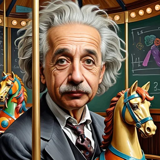 Prompt: (Art Deco style), (Carousel of Science), vibrant color scheme, painting of Albert Einstein, sitting on a carousel horse, chalkboard in the background, whimsical yet analytical ambience, highly detailed digital painting, ultrafine details, imaginative composition, dynamic contrasts, playful elements, captivating atmosphere, influences of Albert Kotin, celebration of science and creativity, HD quality.