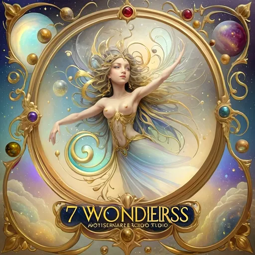 Prompt: (7 Wonders Art Glass Studio masterpiece), oil painting, (honoring Goddess Nuit), vibrant colors, enchanting atmosphere, Renaissance attire, surrealistic elements, Jack-in-the-Box emerging, creator of the universe, sewing the seeds of the universe, celestial motifs, planets depicted with intricate details, festive ambiance, high depth cinematic masterpiece, (cosmic theme) blending ancient and contemporary styles, (ultra-detailed).