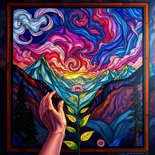 Prompt: (A Seven Wonders Art Glass Studio stained glass window), vibrant mountain landscape, hands reaching for a delicate flower in the foreground, intricate sky with swirling clouds, (psychedelic art style), homage to Nuit, (gouache detailed paintings), oil on canvas masterpiece, ethereal atmosphere, rich colors blending harmoniously, high quality, (4K ultra-detailed), captivating and immersive visual experience.