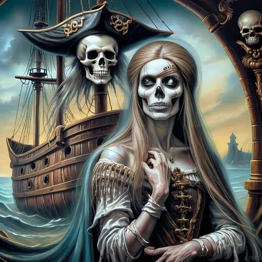 Prompt: (7 Wonders Art Glass Studio) Renaissance (oil painting) masterpiece, capturing the essence of honor and adventure, featuring a detailed portrayal of a pirate man and his lover dressed in Conquistador-era pirate costumes, gracefully posed in front of a majestic ship adorned with a skull, vibrant colors, dramatic lighting, highly detailed, fantastical elements, inspired by David Macaulay, showcasing the rich textures of oil paint, true artistry.