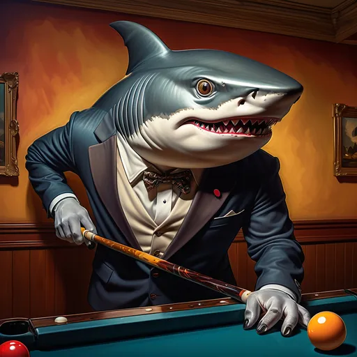 Prompt: a shark in a suit playing pool with a pool cueil and a pool ball in front of him, F. Scott Hess, pop surrealism, classical painting, a fine art painting