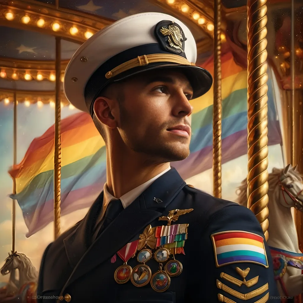 Prompt: Gay Marine man in uniform, standing proudly, (vivid colors), carousel of dreams in the background, whimsical atmosphere, a majestic horse alongside, (rainbow flag) fluttering brightly, emotional expression of confidence and hope, intricate details in uniform and carousel, (aesthetically pleasing composition), (photorealism), (ultra-detailed), highly detailed digital painting, invoking a sense of pride and joy.