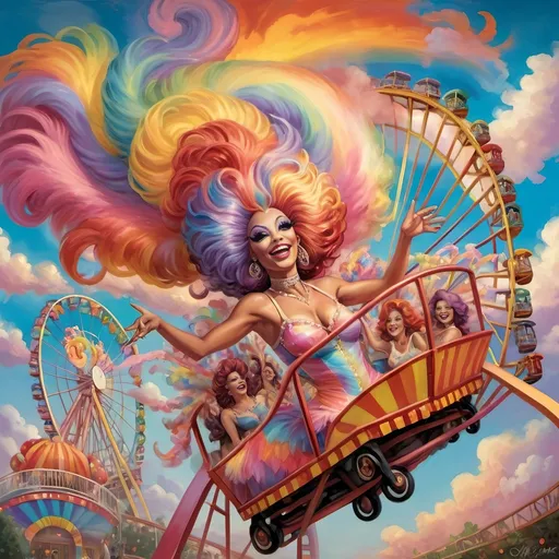 Prompt: (honoring nuit), a mesmerizing painting of colorful drag queens exuding joy and fabulousness while riding a roller coaster, vibrant (rainbow) painted on the side, a whimsical ferris wheel creating a festive atmosphere in the background, whimsical cotton candy clouds, (dynamic movement), warm pastel colors enhancing the lively scene, ultra-detailed, high-quality artwork capturing a celebratory ambiance.