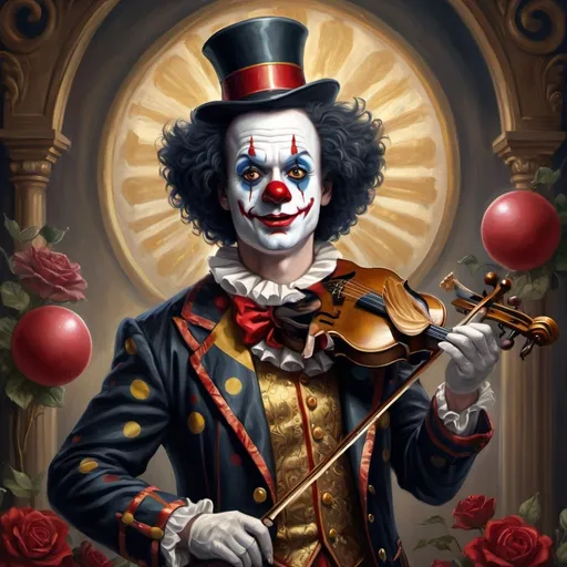 Prompt: a painting of a dark headed male clown with a gold violin and a ball in front of him, with a red clown's face painted on it, magical ambiance, friendly, highly detailed digital painting, an ultrafine detailed painting.  Add Renaissance background.  Adorn with mystic florals.  Add sun influences.  Add influences of the God Nuit in the following manner.  