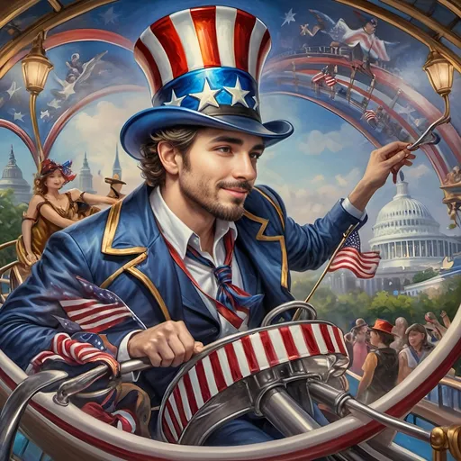 Prompt: (A Seven Wonders Art Glass Studio masterpiece) painting of a man wearing a patriotic hat, (thrilling pose) riding the Freedom rollercoaster, (vibrant colors), scenic background of Freedom Park in D.C., (dynamic movement), celebrating freedom, eternal spark of joy, whimsical ambiance, soft warm lighting, highly detailed, clarity, engaging and joyful atmosphere, surrounded by delighted visitors, landmarks in the distance.