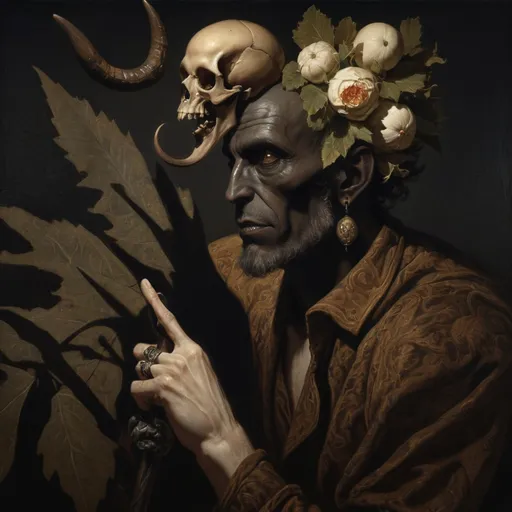 Prompt: (Renaissance still life) (man magician satyr), (dark color scheme), (elegant pose), intricately detailed horns, holding a cane topped with a (skull orb), a menacing (skull orc) at his side, a (crow) gracefully perched on his shoulder, rich textures, captivating shadows, high contrast highlights, evoking a sense of mystical allure, enhanced with (ultra-detailed) features, atmospheric depth and somber elegance.