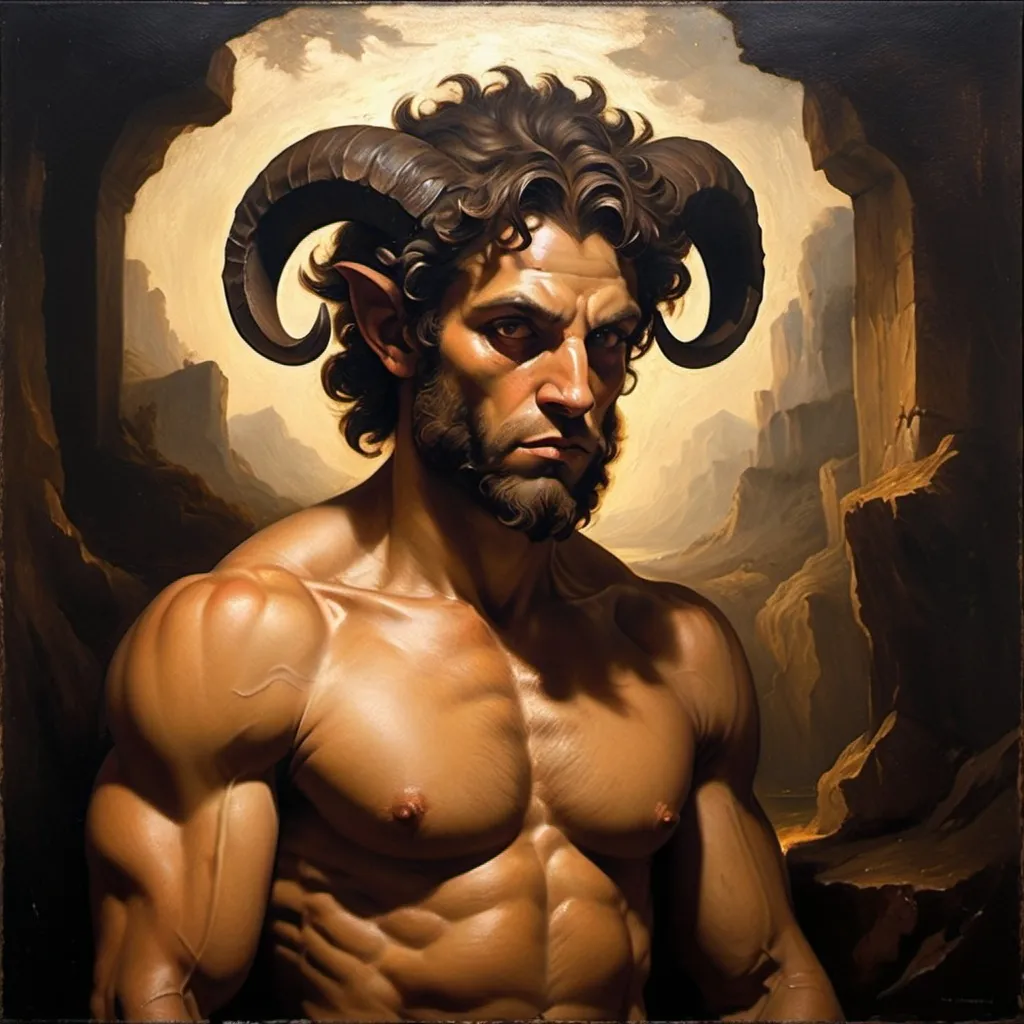 Prompt: (renaissance oil painting), a muscular satyr with dark horns, bare shoulders, captured in a mysterious, dark color scheme, dramatic shadows enhancing the features, rich textures of oil on canvas, atmospheric intensity, depth of emotion, subtly illuminated background suggesting intricate landscapes, immersive and enchanting ambiance, (ultra-detailed), captivating masterpiece.