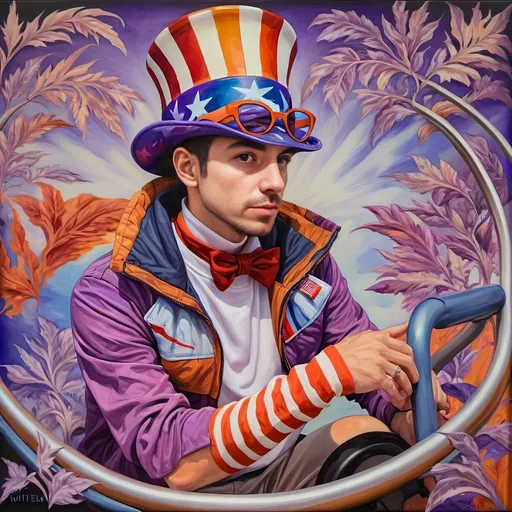 Prompt: A Seven Wonders Art Glass Studio masterpiece painting of a man in a patriotic hat riding Freedom rollercoaster in D. C.’s new amusement park named Freedom Park.  Honoring Nuit.