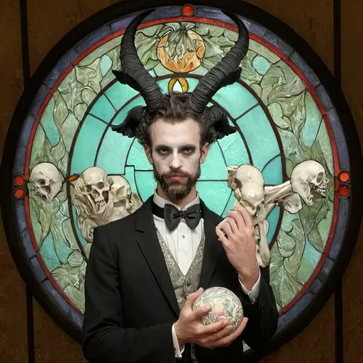 Prompt: Art Nouveau (style), pastel color scheme, a (man magician satyr) with (horns), holding a (skull) in one hand, a (crow perched on his shoulder), elegant pose, stylized cane topped with a (skull orb), intricate stained glass patterns and porcelain influences in the background, dreamy ambiance, (fluid lines), detailed, smooth textures, high quality, ultra-detailed watercolor techniques.