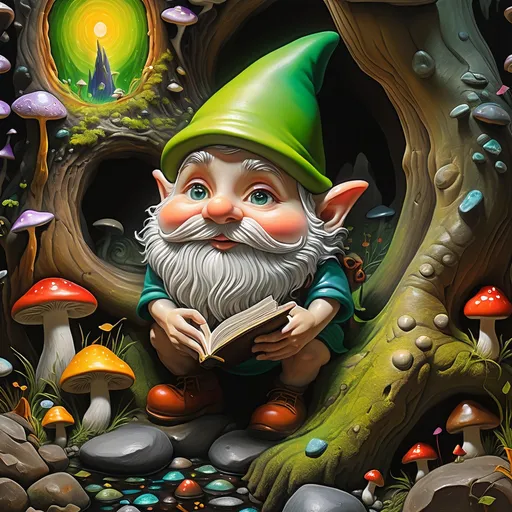 Prompt: a 7 Wonders Art Glass Studio masterpiece oil painting honoring Nuit of a gnome with a green and a tree trunk in the background with rocks and mushrooms, Ed Binkley, fantasy art, fantasy artwork, a storybook illustration