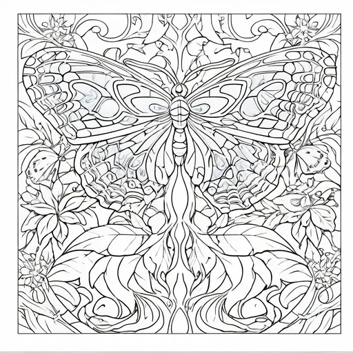 Prompt: A Seven Wonders Art Glass Studio (SWAG) window pattern (traced image) with moth and butterflies and flora in it, and a sunburst above it.  This is a Template to make stained glass window.  art nouveau, intricate linework, lineart.  (Honoring Nuit)