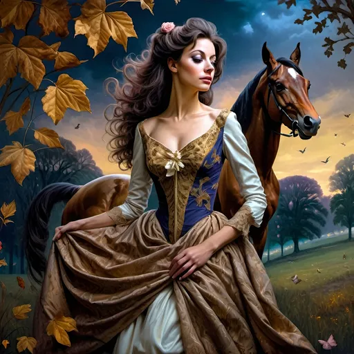 Prompt: (Honoring Nuit), highly detailed oil painting, thoroughbred horse, elegant posture, lush Kentucky farm, evening dusk setting, warm and vibrant hues, soft golden light reflecting off the horse’s coat, scenic rolling hills in the background, tranquil ambiance, serene atmosphere, ultra-detailed, masterpiece quality, evocative emotional tone, captivating and luminous sky blending soft pinks and deep purples, harmonious nature scene.