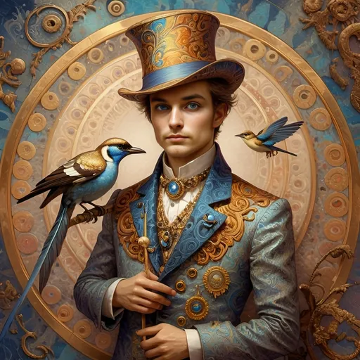 Prompt: a painting of a colorful bird with a circular background and a gold ring around it's neck and a blue eye, Android Jones, psychedelic art, highly detailed digital painting, a detailed painting