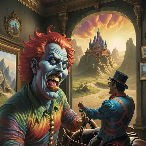 Prompt: Psychadelic (artstyle), dark color scheme, A Seven Wonders Art Glass Studio painting, men riding horses, mountainous area, sunset backdrop, distant castle, (Anato Finnstark), fantasy art, (dark fantasy art), ultra-detailed, matte painting, vibrant swirling patterns, moody atmosphere, contrasting shadows and highlights, immersive .