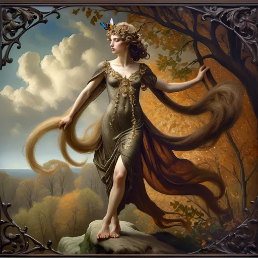 Prompt: (Honoring Nuit, Autumn Equinox), (Renaissance style), woman depicted as nature, flowing dress, butterfly in hair, rich and dark color palette, lush foliage backdrop, mood of serenity and mystery, intricate details in hair and dress, soft chiaroscuro lighting, evocative atmosphere, ultra-detailed, masterful composition, capturing the essence of autumn transition.