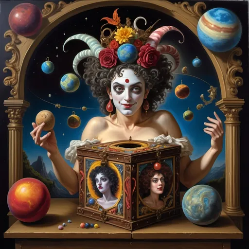 Prompt: (Renaissance oil painting), a stunning masterpiece capturing the essence of the Goddess Nuit, a whimsical Jack-in-the-Box emerging in ornate attire, sewing the seeds of the universe, planets swirling around, vibrant cosmic colors illuminating the canvas, intricate details, rich textures, playful yet profound ambiance, 4K ultra-detailed, an extraordinary blend of mythology and creativity celebrating the act of creation in a mystical setting.