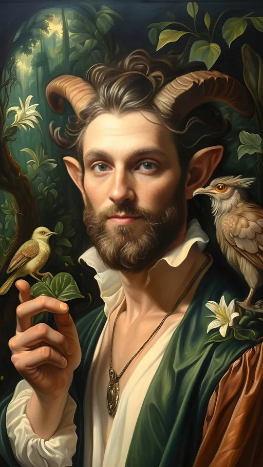 Prompt: Renaissance oil painting, (ultra-detailed), (character portrait) of a Magician transforming into a Satyr in lush Arcadia, surrounded by lush greenery, delicate flowers, gentle sunlight filtering through trees. The man with impressive horns and an ornate orb on his wand, a majestic bird perched on his shoulder, evoking magic and honor. Capturing the essence of Pan and Nuit in a vivid, enchanting atmosphere. High-quality craftsmanship from Seven Wonders Art Glass Studio.