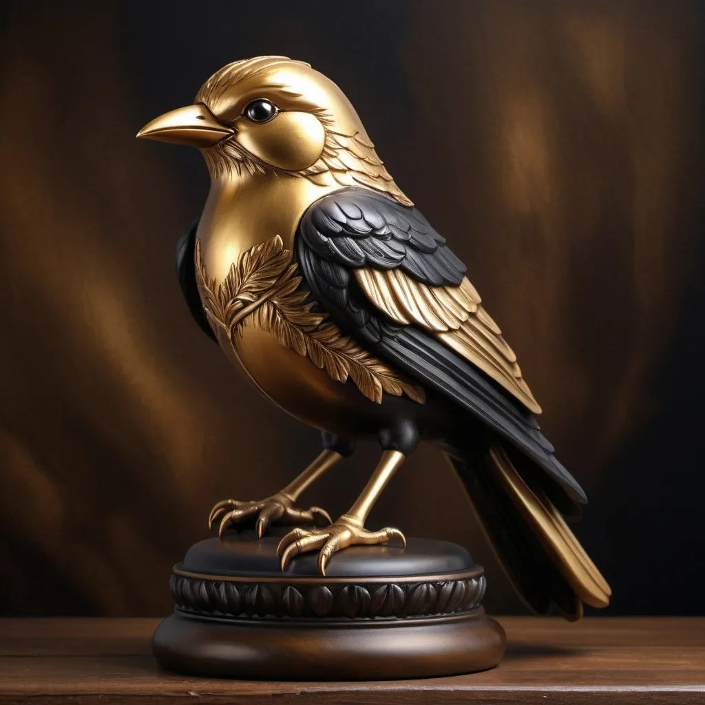 Prompt: (golden and black bird statue), (detailed airbrush painting), on a rustic wooden tabletop, (dark background), (brown backdrop), (Anne Stokes style), captivating fantasy art, ultra-detailed, dramatic lighting, rich textures, reflecting elegance, enchanting atmosphere, inviting mystery, intricate craftsmanship, high quality, perfect for a fantasy collection.