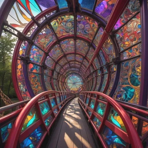 Prompt: (psychedelic art style), magicians riding a roller coaster, vibrant color scheme, enchanting whimsy, sparkle of surprise photos, intricate fine details, fantastical amusement park "Liberty Park" in D.C., dazzling stained glass coaster reflecting light, swirling patterns, immersive dreamlike experience, fantastical scenery around, high energy, ultra-detailed, 4K quality, radiant colors, magical ambiance.