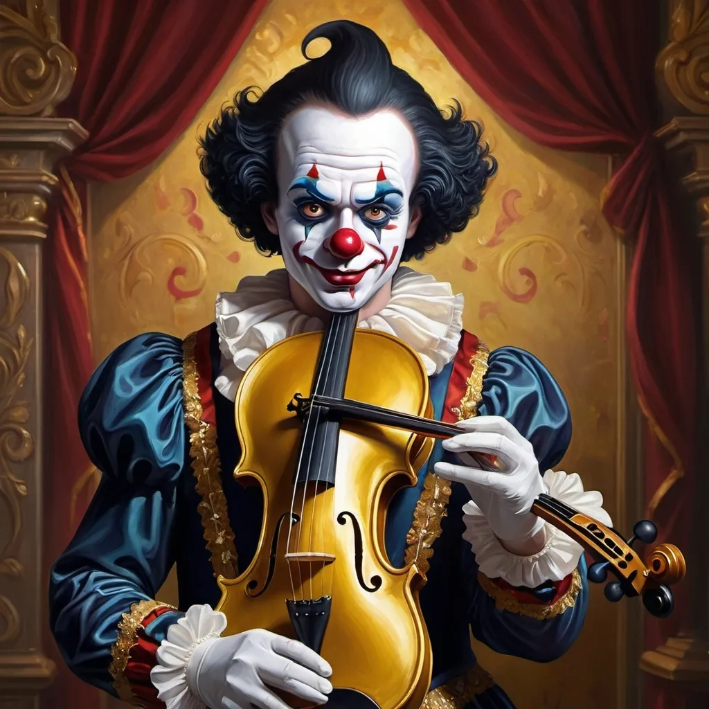 Prompt: a painting of a dark headed male clown with a gold violin and a ball in front of him, with a red clown's face painted on it, magical ambiance, friendly, highly detailed digital painting, an ultrafine detailed painting.  Add Renaissance background.  Adorn with mystic florals.  Add sun influences.  Add influences of the God Nuit in the following manner.  