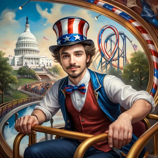 Prompt: (A Seven Wonders Art Glass Studio masterpiece) painting of a man wearing a patriotic hat, (thrilling pose) riding the Freedom rollercoaster, (vibrant colors), scenic background of Freedom Park in D.C., (dynamic movement), celebrating freedom, eternal spark of joy, whimsical ambiance, soft warm lighting, highly detailed, clarity, engaging and joyful atmosphere, surrounded by delighted visitors, landmarks in the distance.