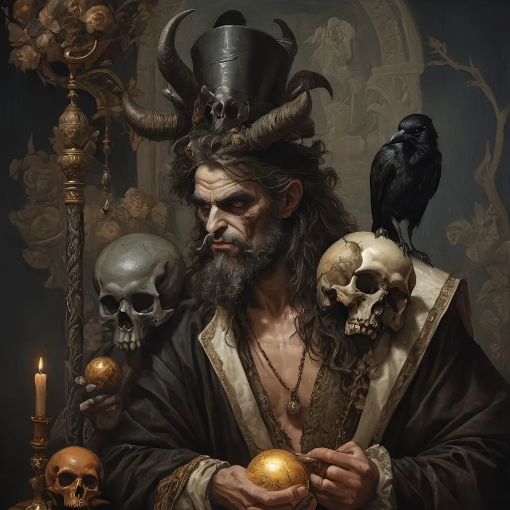 Prompt: (Renaissance still life) (man magician satyr), (dark color scheme), (elegant pose), intricately detailed horns, holding a cane topped with a (skull orb), a menacing (skull orc) at his side, a (crow) gracefully perched on his shoulder, rich textures, captivating shadows, high contrast highlights, evoking a sense of mystical allure, enhanced with (ultra-detailed) features, atmospheric depth and somber elegance.