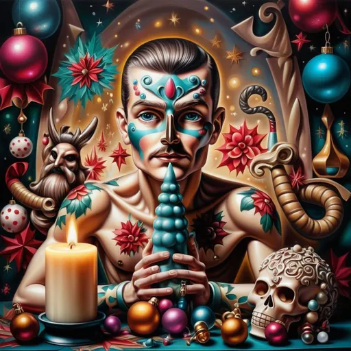 Prompt: (nutcracker), (candle and candle holder), surrounded by (Christmas decorations), (psychedelic art style), (vibrant color scheme), (extremely detailed), (oil painting), (airbrush painting), inspired by (Anne Stokes), (pop surrealism), dynamic patterns and textures, warm and festive ambiance, high-quality artistry, rich hues melding into each other, whimsical elements drawing viewers in, enchanting holiday spirit, magical atmosphere.