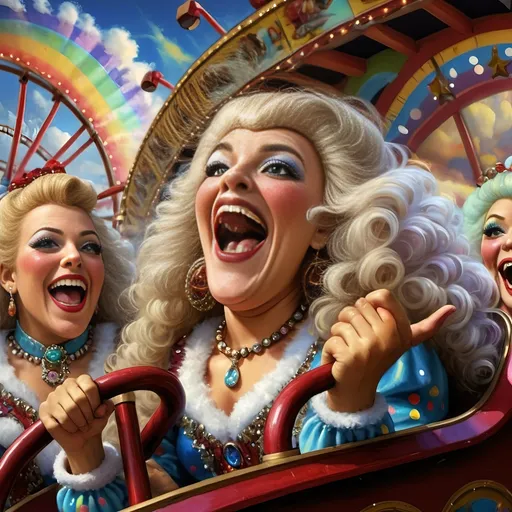 Prompt: (Honoring Nuit), vibrant oil painting of a lively group of drag queens riding a roller coaster, ecstatic expressions, in a whimsical carnival setting, colorful ferris wheel glowing in the background, (rainbow) painted on the coaster's side, bright blue sky filled with fluffy clouds, joyous atmosphere, high energy, ultra-detailed, cinematic masterpiece.