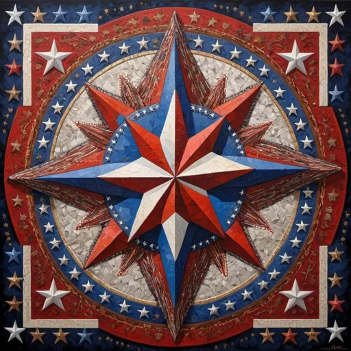 Prompt: (detailed painting), (symbolic star), vibrant colors of the United States, intricate symbols representing America, rich textures, depth in colors, blend of traditional and modern regionalism themes, expressing unity and diversity, profound visual storytelling, captures the essence of American identity, ultra-detailed, a masterpiece celebrating the spirit of the nation.