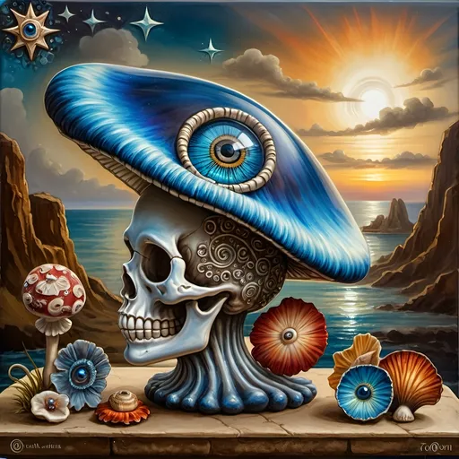 Prompt: (7 Wonders Art Glass Studio masterpiece), oil painting, (honoring Nuit), magical mushroom, (vibrant blue shell), (striking blue eye), Eye of Horus, rich textures, dreamy atmosphere, whimsical background, stars and cosmic elements, (ethereal lighting), enchanting details, high-quality, ultra-detailed composition, surreal and imaginative style.