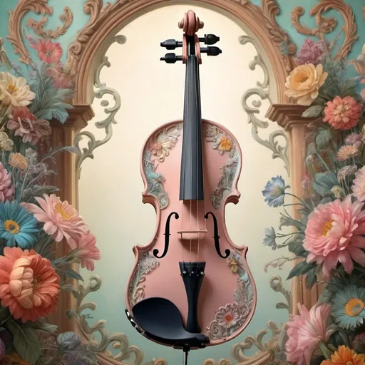 Prompt: (violin), (Renaissance art style), (anatomically correct), (pastel color scheme), elaborate details on the violin's back, vibrant floral arrangement in the background, inspired by Ernst Haeckel and Flemish Baroque, folk art influence, expressive and whimsical, high detail, soft lighting, serene ambiance, visually captivating.