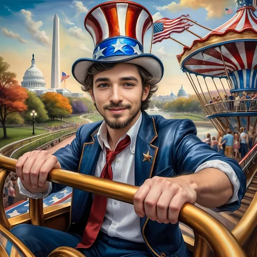 Prompt: (A Seven Wonders Art Glass Studio masterpiece) painting of a man wearing a patriotic hat, (thrilling pose) riding the Freedom rollercoaster, (vibrant colors), scenic background of Freedom Park in D.C., (dynamic movement), celebrating freedom, eternal spark of joy, whimsical ambiance, soft warm lighting, highly detailed, clarity, engaging and joyful atmosphere, surrounded by delighted visitors, landmarks in the distance.