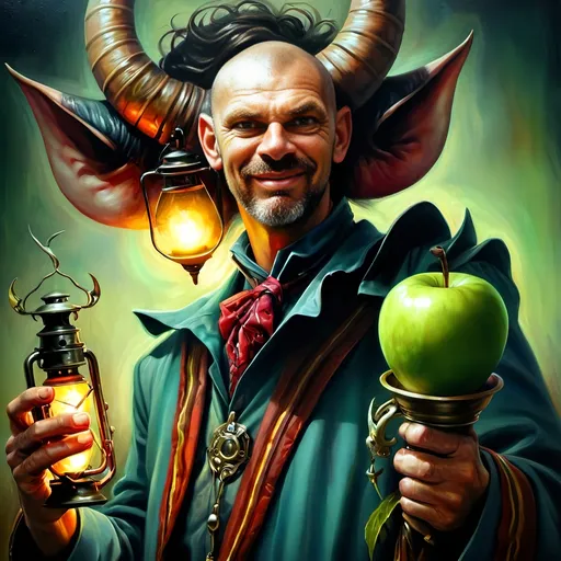 Prompt: a man with a horned head and a bird on his shoulder holding a lamp and a green apple in his hand, Esao Andrews, fantasy art, highly detailed digital painting, a character portrait