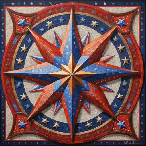 Prompt: (detailed painting), (symbolic star), vibrant colors of the United States, intricate symbols representing America, rich textures, depth in colors, blend of traditional and modern regionalism themes, expressing unity and diversity, profound visual storytelling, captures the essence of American identity, ultra-detailed, a masterpiece celebrating the spirit of the nation.