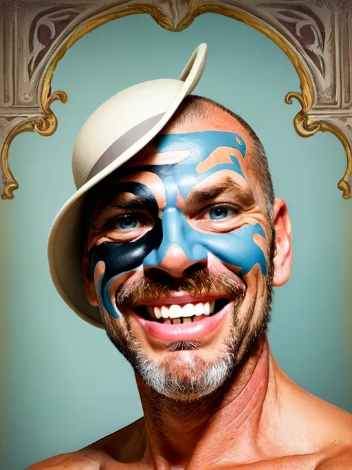 Prompt: (renaissance style art), vivid colors, a man wearing a stylish top hat, adorned with a striking face mask, an elegant stance and confident expression, influences of Brian Alfred and Tom of Finland, intricate details, ornate background elements, luxurious texture, dynamic light contrasts, high quality, ultra-detailed, evoking a sense of grandeur and creativity.