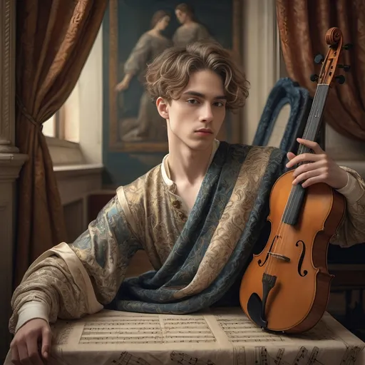 Prompt: (Renaissance-style portrait), honoring a (non-binary musician), capturing artistry and creativity, muted color scheme, rich details, soft lighting, intricate background with classical motifs, thoughtful expression, detailed attire with elegant patterns, emotive atmosphere, subtle textures, high-quality, (ultra-detailed).