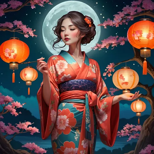 Prompt: Woman in a (kimono), holding a (lantern), surrounded by vibrant glowing (lanterns) in the background, majestic (full moon) illuminating the night sky, (Art Nouveau) style, (vibrant color scheme), lush floral motifs, whimsical patterns, highly detailed (digital painting), captivating ambiance, immersive fantasy art scene, luminous details, enchanting night atmosphere, ultra-detailed, magical glow, ethereal vibes.