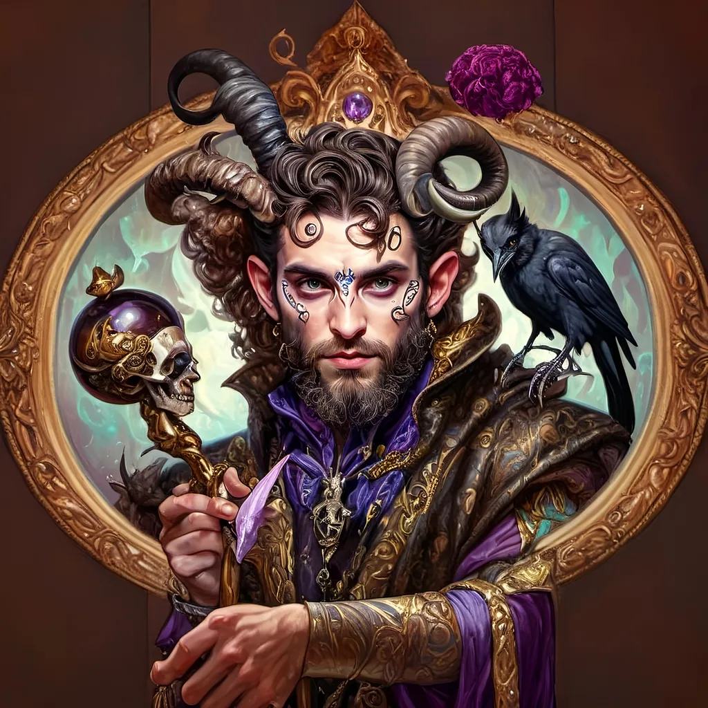 Prompt: a painting of a man magician satyr with horns and a skull in his hand and a crow on his shoulder, with a cane with a scull as orb