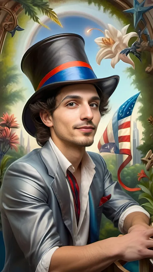 Prompt: Art Deco style, (vibrant color scheme), Renaissance oil painting, (ultra-detailed), (character portrait) of a Magician transforming into a Satyr, lush Arcadia setting, surrounded by abundant lush greenery, delicate flowers, soft sunlight filtering through trees, dreamlike atmosphere, enchanting and whimsical vibe, intricate details in expression and pose, capturing magical transformation moment.