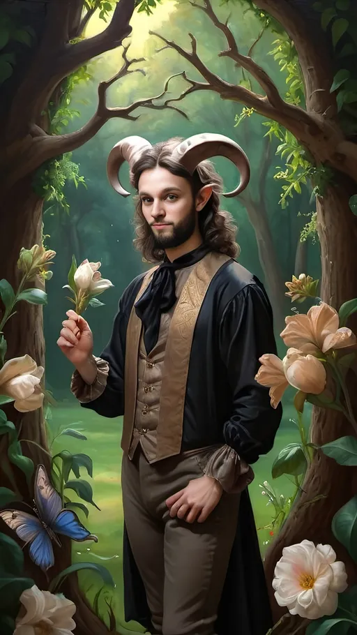 Prompt: Renaissance oil painting, commissioned portrait  (ultra-detailed), (character portrait) of a Magician transforming into a Satyr in lush Arcadia, surrounded by lush greenery, delicate flowers, gentle sunlight filtering through trees.