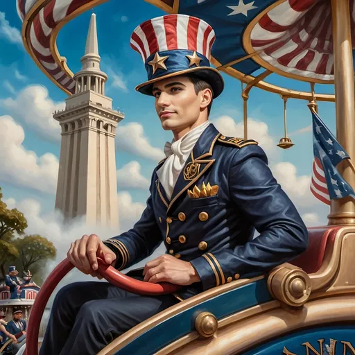 Prompt: (Acrylic painting of a magician man), wearing a (patriotic top hat), joyfully riding a (whimsical rollercoaster) in Liberty Park, with (HD details), vibrant colors, and enchanting motifs. The scene features the (Washington Monument) in the background, as well as the phrase (accurately spelled text "Yankee Doodle"). An aura of celebration and magic surrounds the image, honoring Nuit and the Aeon of Horus.