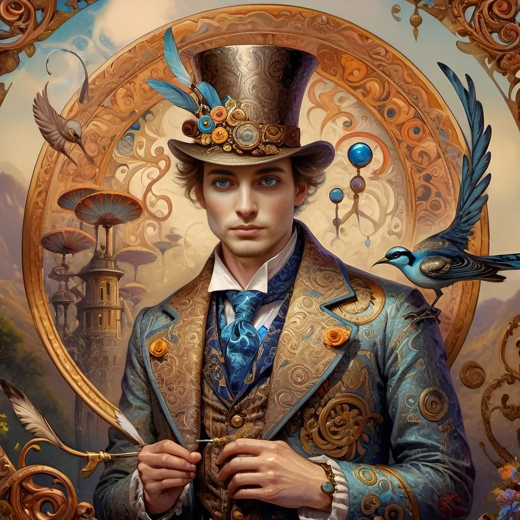 Prompt: a painting of a colorful bird with a circular background and a gold ring around it's neck and a blue eye, Android Jones, psychedelic art, highly detailed digital painting, a detailed painting