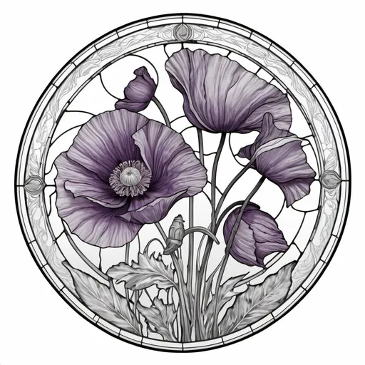 Prompt: A Seven Wonders Art Glass Studio Art Nouveau designed stained glass window with poppy flowers and a line drawing of flowers in the middle, Alfonse Mucha, art nouveau, line art, lineart.  (Honoring the Aeon of Horus).