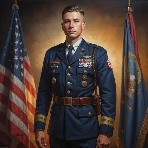 Prompt: (painting of a man in uniform), (full body portrait), (Adrian Zingg style), (American realism), vibrant colors blending seamlessly, flags of diverse heritage draping the backdrop, a strong yet thoughtful expression, the atmosphere radiating pride and unity, intricate details capturing the essence of the uniforms, enhancing emotional depth, softly illuminated with warm lighting, ultra-detailed 4K quality.