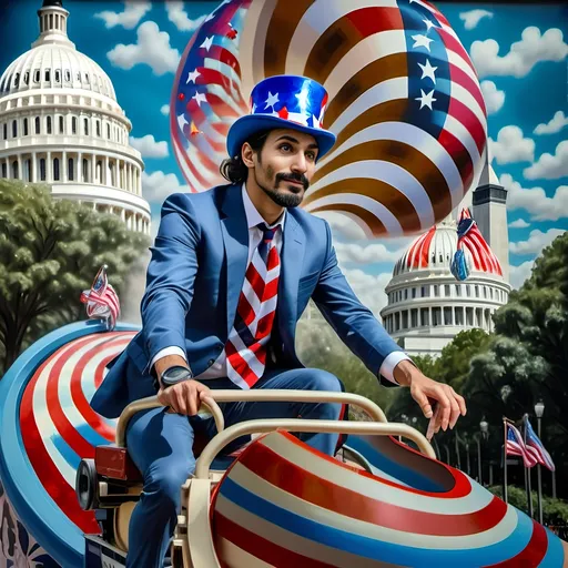 Prompt: (Acrylic painting of a magician man), wearing a (patriotic top hat), joyfully riding a (whimsical rollercoaster) in Liberty Park, with (HD details), vibrant colors, and enchanting motifs. The scene features the (Washington Monument) in the background, as well as the phrase (accurately spelled text "Yankee Doodle"). An aura of celebration and magic surrounds the image, honoring Nuit and the Aeon of Horus.