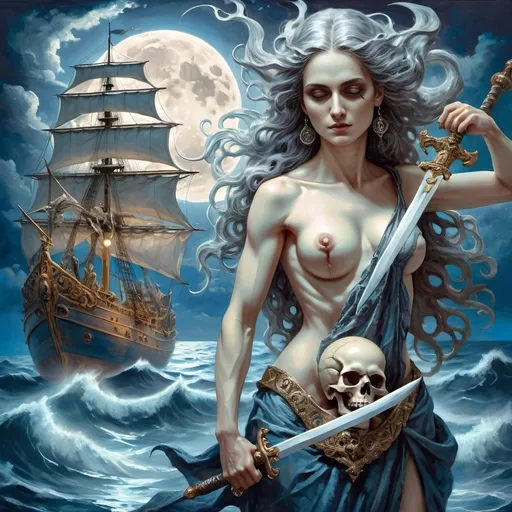 Prompt: a oil masterpiece painting of a female   from Seven Wonders Art Glass Studio holding a skull and a sword in front of a ship with a full moon honoring Nuit.