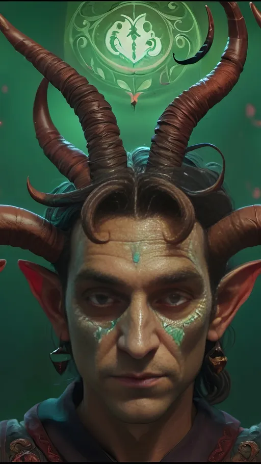 Prompt: (satyr magician with horns), (crow on shoulder), (holding a cane), (fantastical attire), (intricately detailed), (moody ambiance), (renaissance still life portrait), vibrant colors, deep reds and greens, rich browns, ethereal glow, swirling patterns, high depth cinematic art, fantasy art style, 4K, ultra-detailed craftsmanship, spellbinding atmosphere, dramatic lighting.