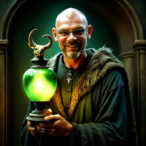 Prompt: (renaissance style), dark color scheme, a man with a horned head, a bird perched on his shoulder, holding a lamp in one hand, a green apple in the other, inspired by Esao Andrews, (highly detailed), fantasy art, character portrait, intricate details, rich textures, dramatic lighting, moody ambiance, ultra-detailed digital painting.